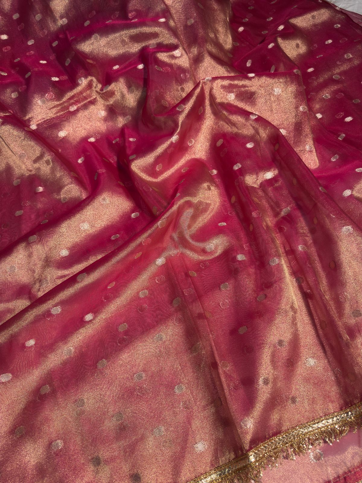 Metallic Pink Zari Buti Weave Tissue Silk Saree with Premium Lace