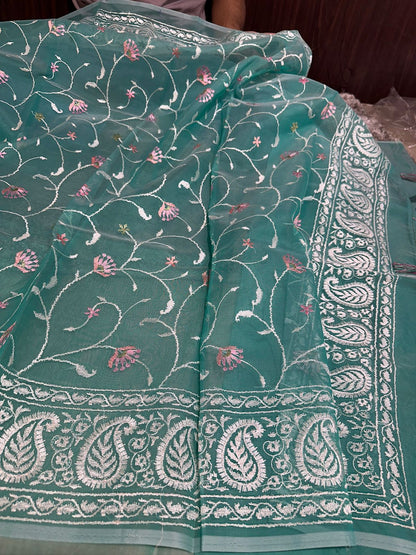 Pastel Seagreen Designer Chikankari Organza Banarasi Saree