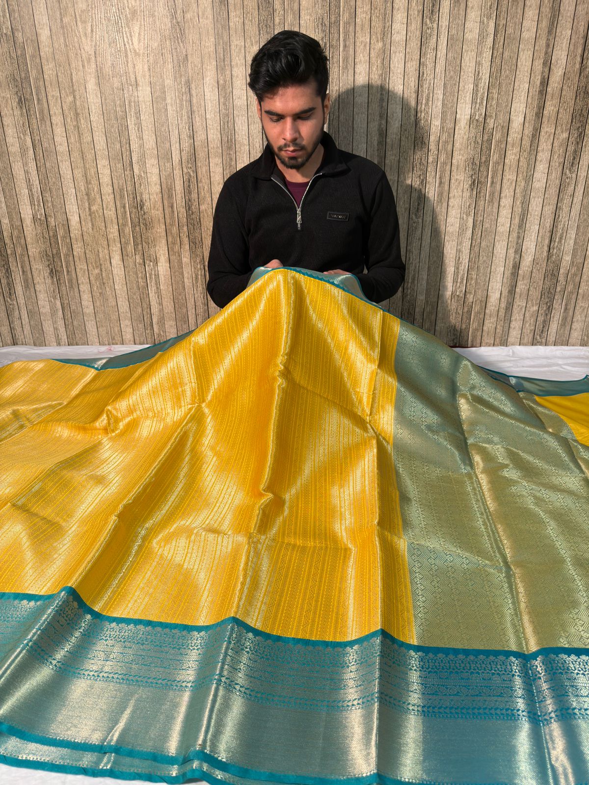 Yellow with Seagreen Premium Kanjeevaram Tissue Silk Banarasi Saree