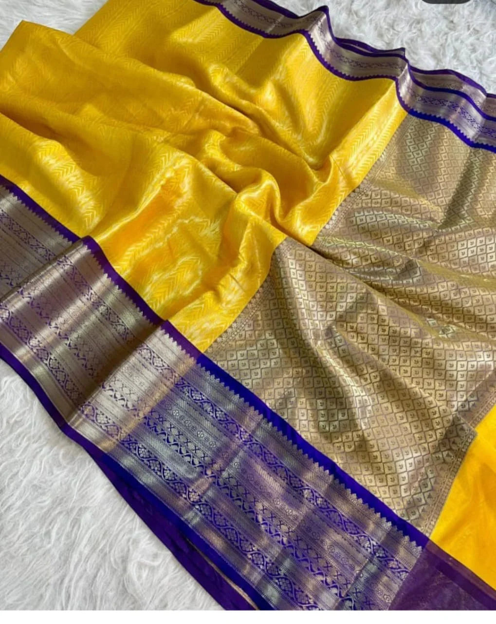Yellow with Blue Banarasi Kanjeevaram Tissue Silk Saree
