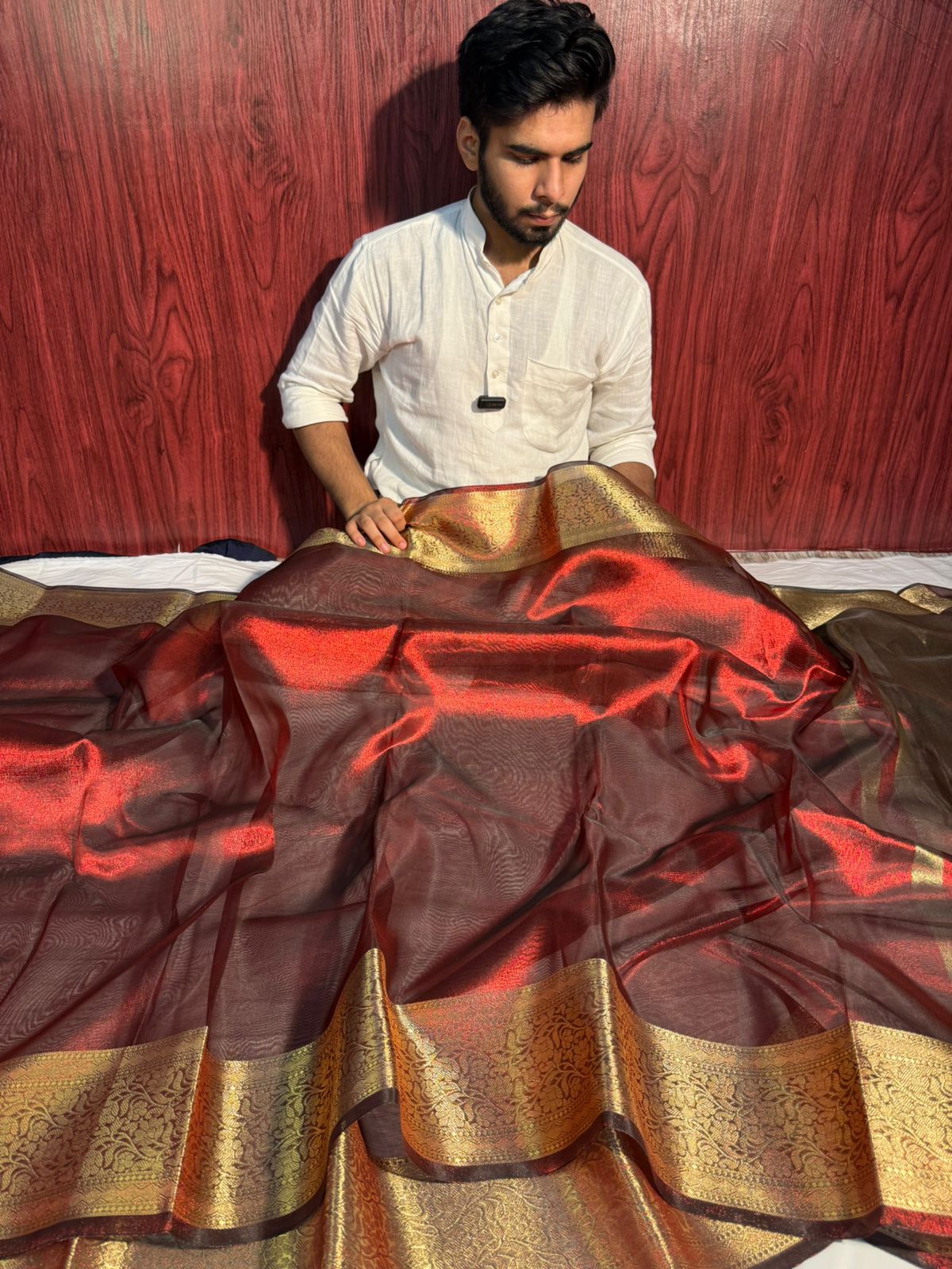 Metallic Maroon Premium Tissue Silk Saree with Traditional Floral Weave Borders