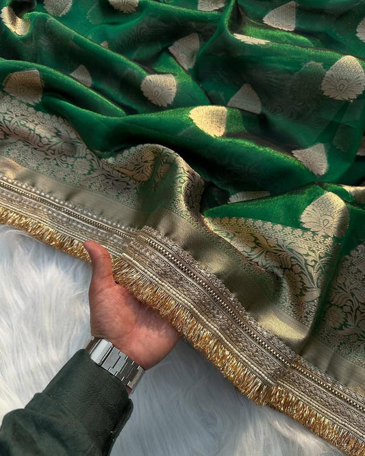 Metallic Green Bridal Tissue Silk Banarasi Saree with Premium Lace
