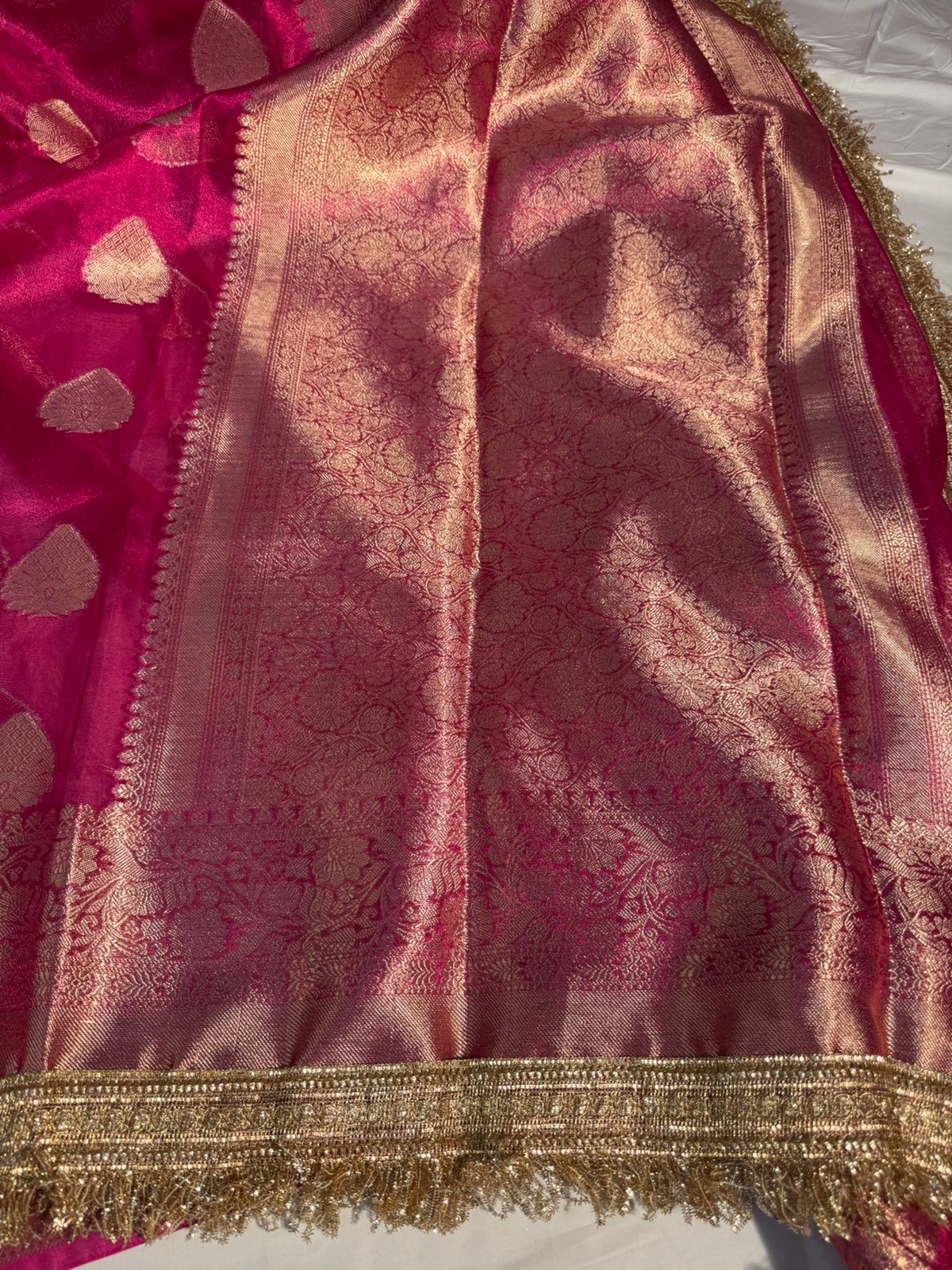Rani Pink Maharani Tissue Silk Saree with Premium Lace Work