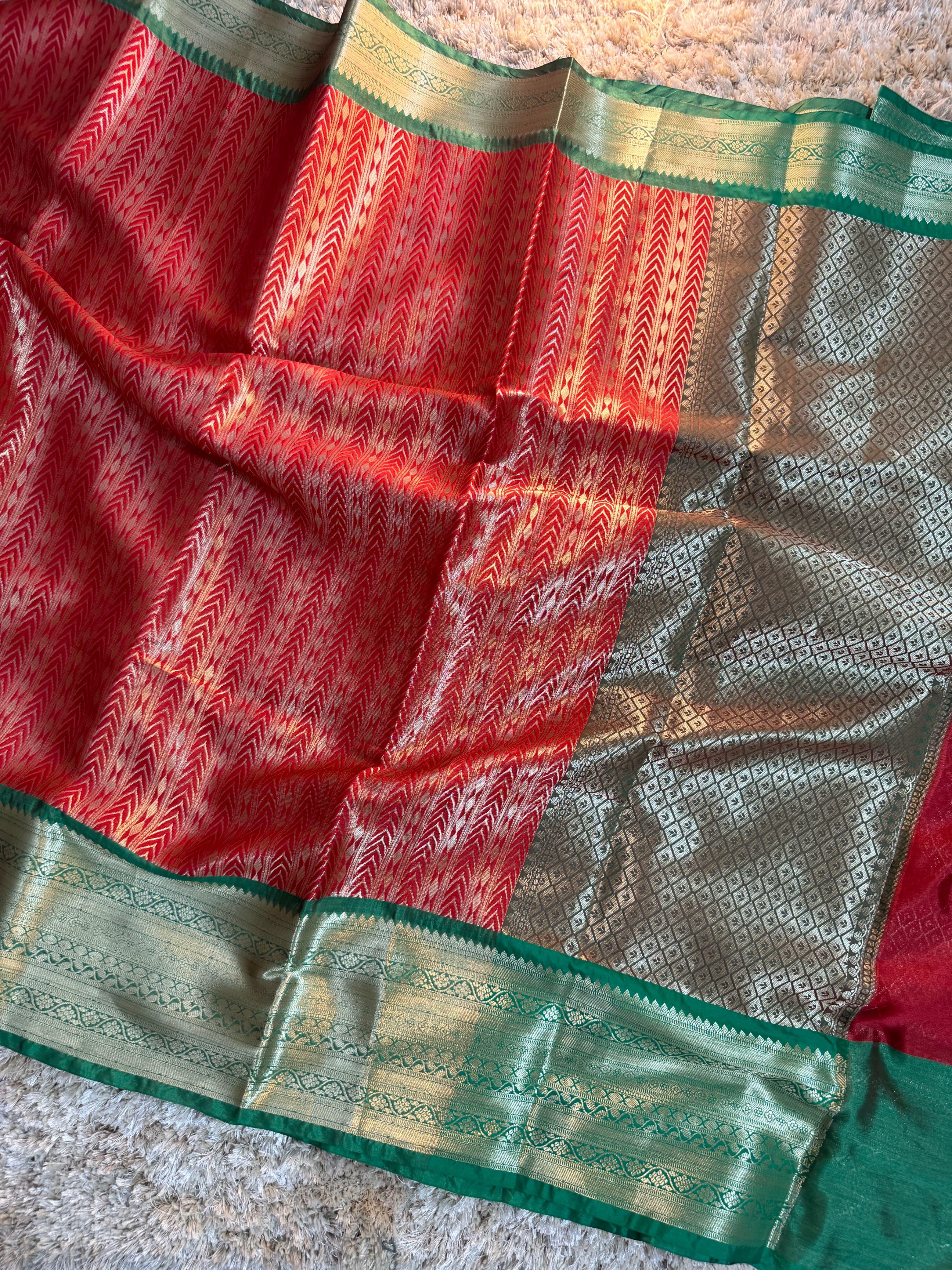 Red with Green Premium Kanjeevaram Tissue Silk Saree