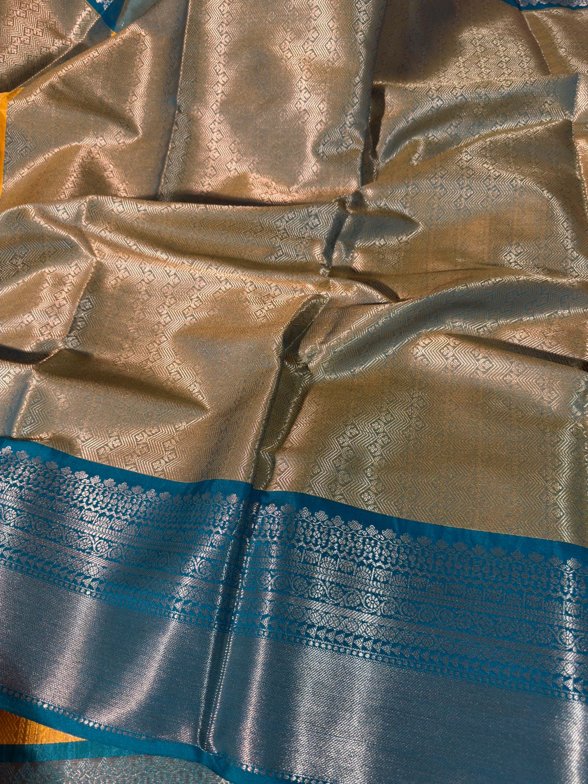Yellow with Seagreen Premium Kanjeevaram Tissue Silk Banarasi Saree