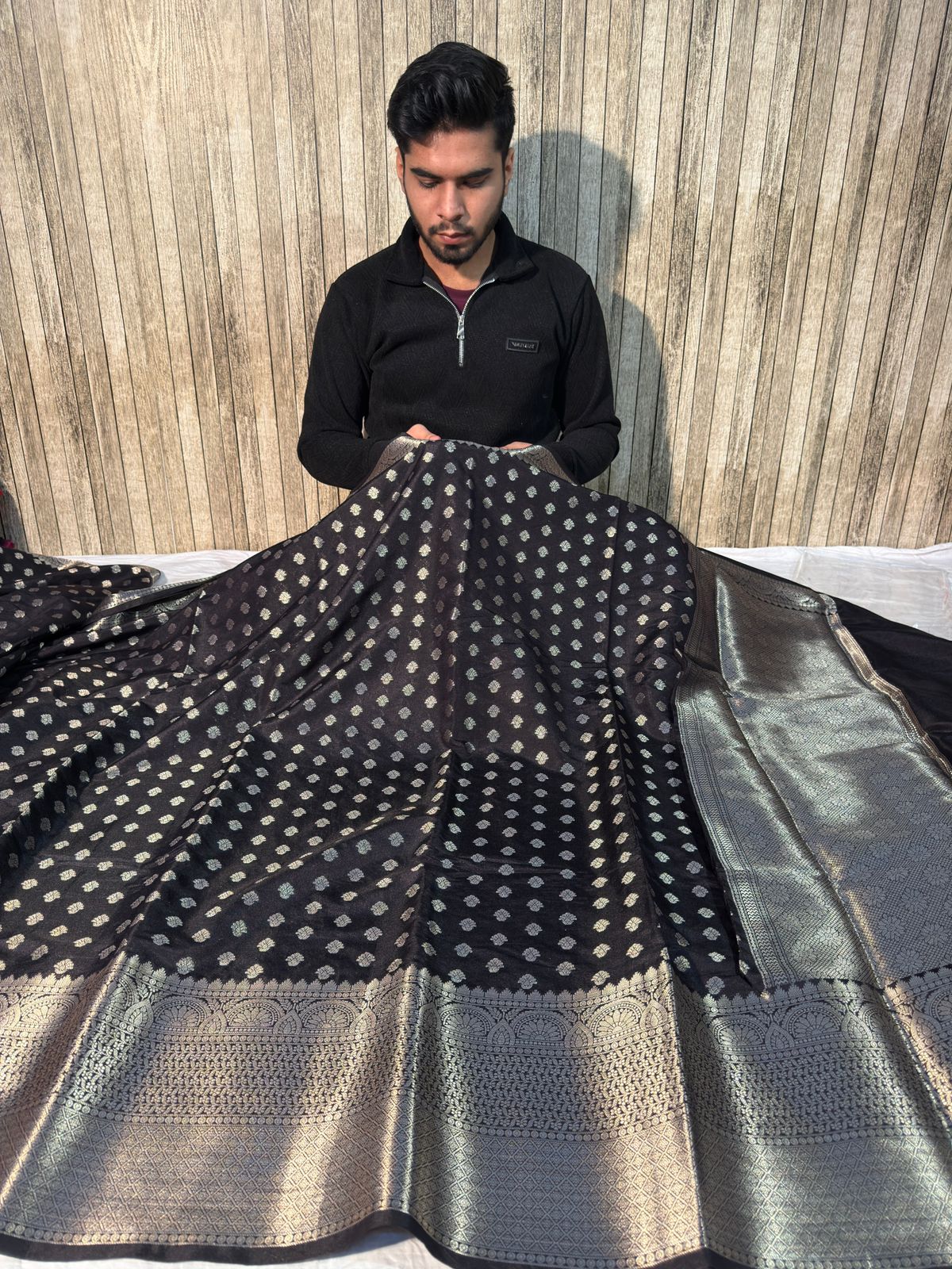 Black Premium Chiniya Silk Banarasi Saree with Traditional Zari Buti Weave