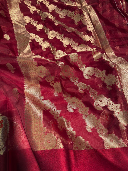 Maroon Handloom Inspired Meenakari Organza Silk Banarasi Saree