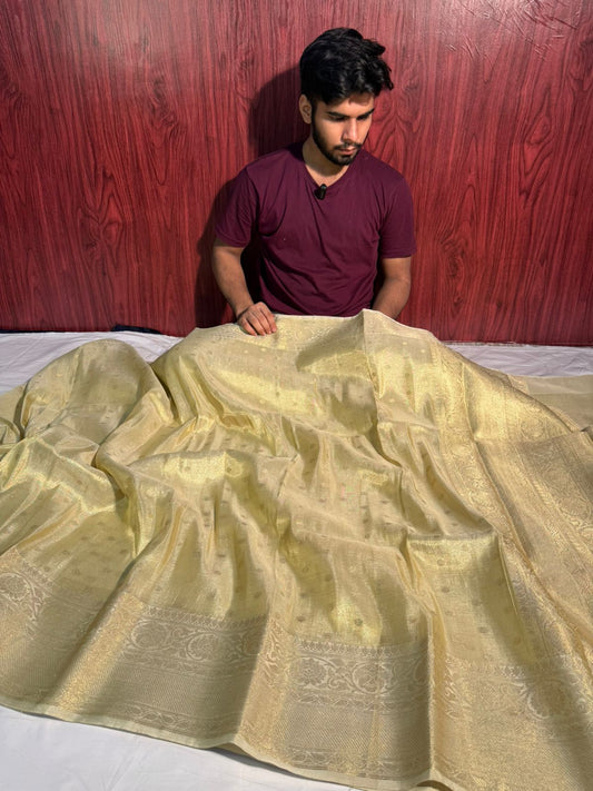 Premium Natural Ivory Shade Tissue Silk Saree with Zari Buti Weave