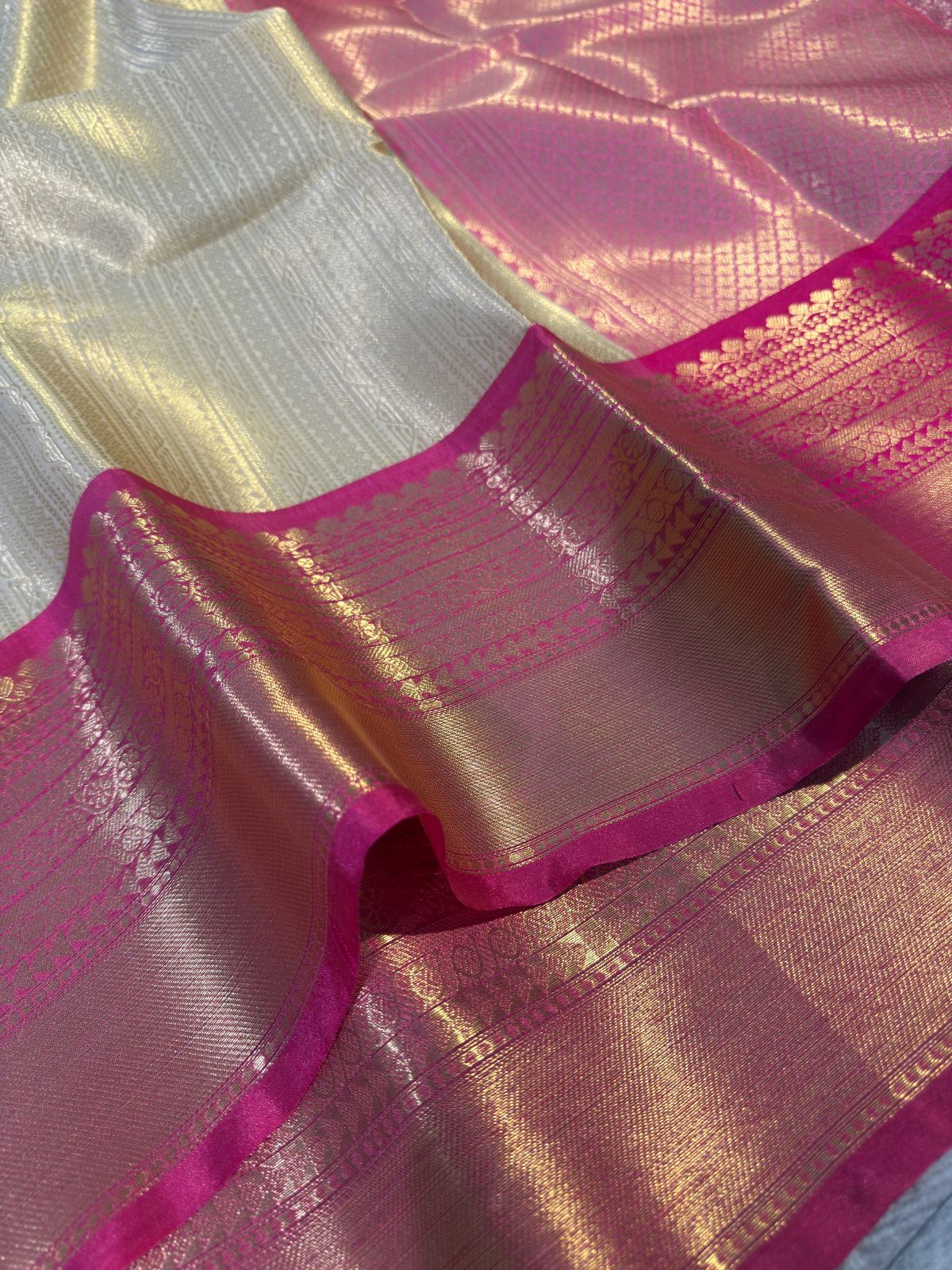 Cream with Pink Premium Kanjivaram Brocade Tissue Silk Banarasi Saree