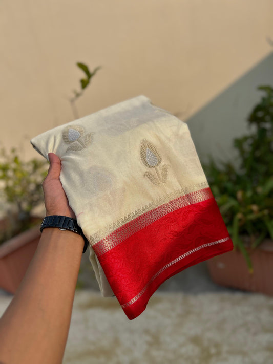 Cream with Red Bridal Warm Silk Banarasi Saree