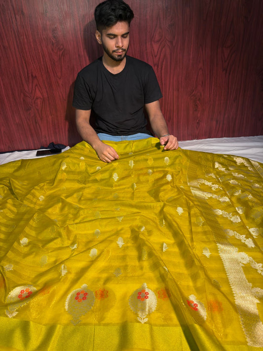 Handloom Inspired Meenakari Organza Silk Saree in Mustard Shade