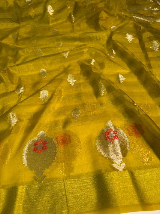 Handloom Inspired Meenakari Organza Silk Saree in Mustard Shade