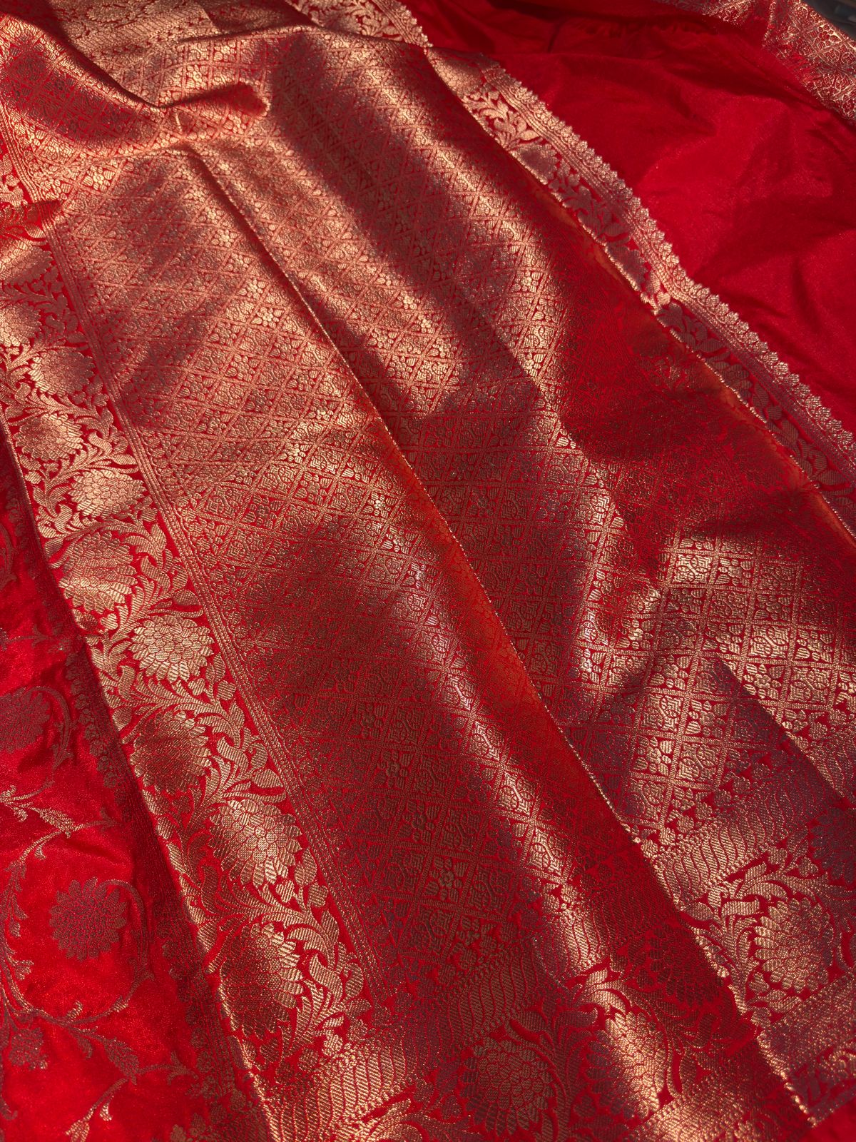 Bridal Red Premium Chiniya Silk Floral Jaal Weave Banarasi Saree