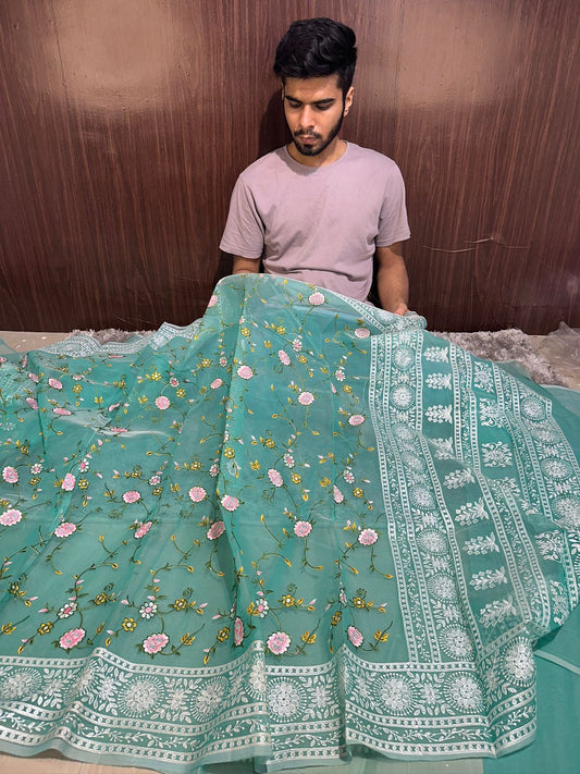 Masterpiece Designer Chikankari Organza Banarasi Saree